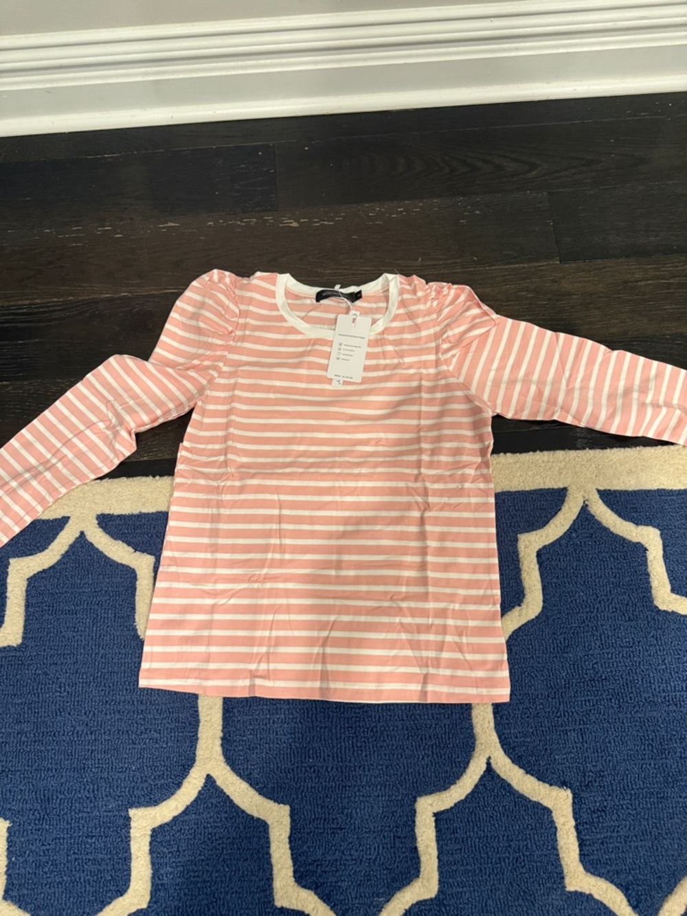 Womens Pink Stripe Long-Sleeve Top puff shoulder sleeves small